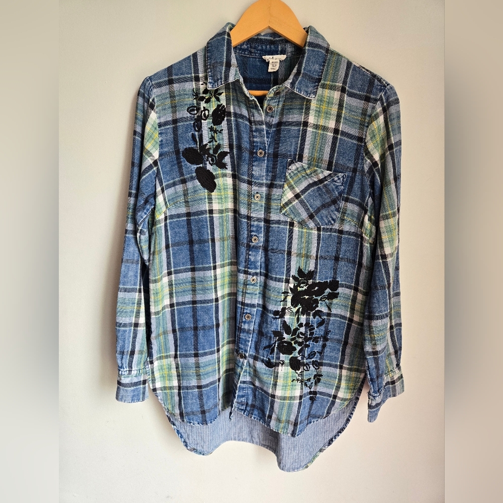 TRIBAL Blue Plaid Cotton Shirt With Floral Embroidery Design